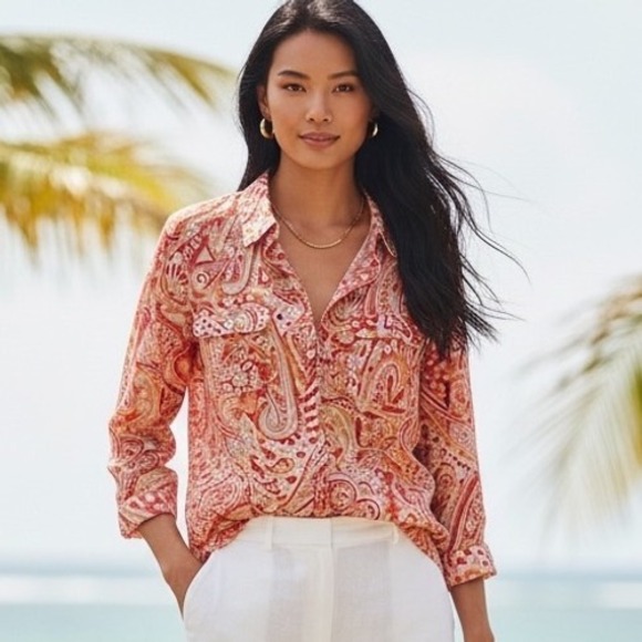 Chico's Tops - Chico's Coral Pink Paisley Button Up Shirt Resortwear Coastal Boho Size 2 Large